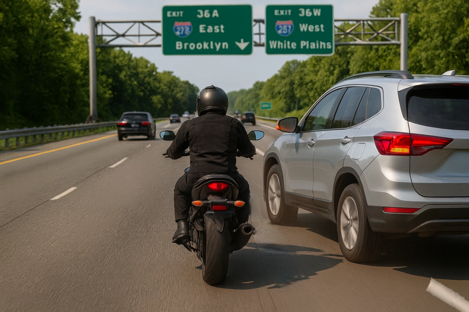 Symbolic image of VTL 1252(a) — car encroaching into a motorcycle’s lane